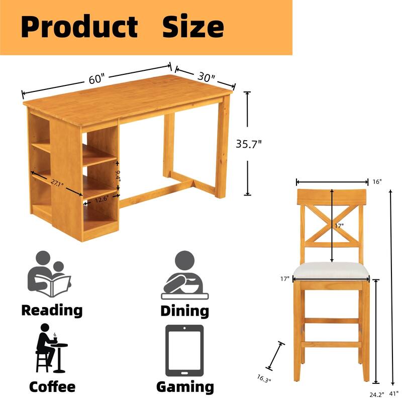Homylin Solid Rubberwood Counter Height Dining Table Set with Storage, Brown