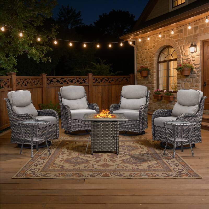 Meyreso 5-Piece Outdoor Patio Wicker Fire Pit 4 person Conversation Set with 5-Inch Thick Cushions - Beige Cushions - Gray Wicker