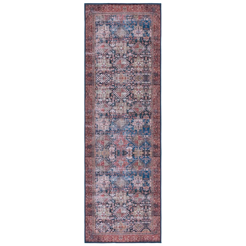 SAFAVIEH, Tucson Machine Washable Slip Resistant Jadwiga Traditional Rug - 2'6" x 6' Runner - Navy/Rust