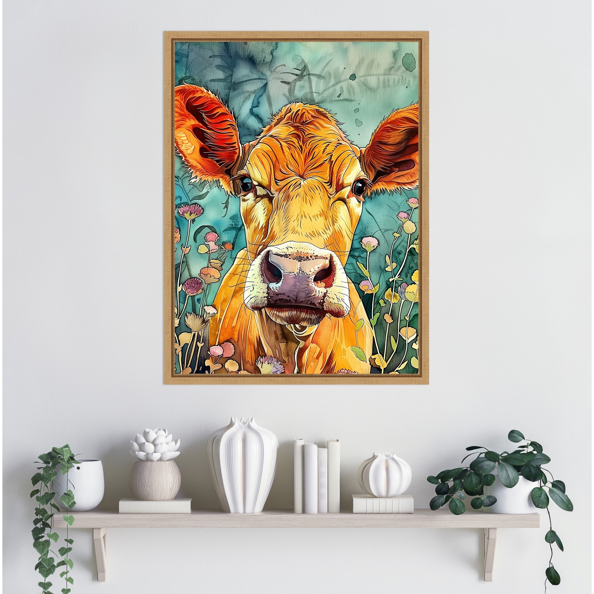 Cow in Flowers by Justyna Jaszke Framed Canvas Wall Art