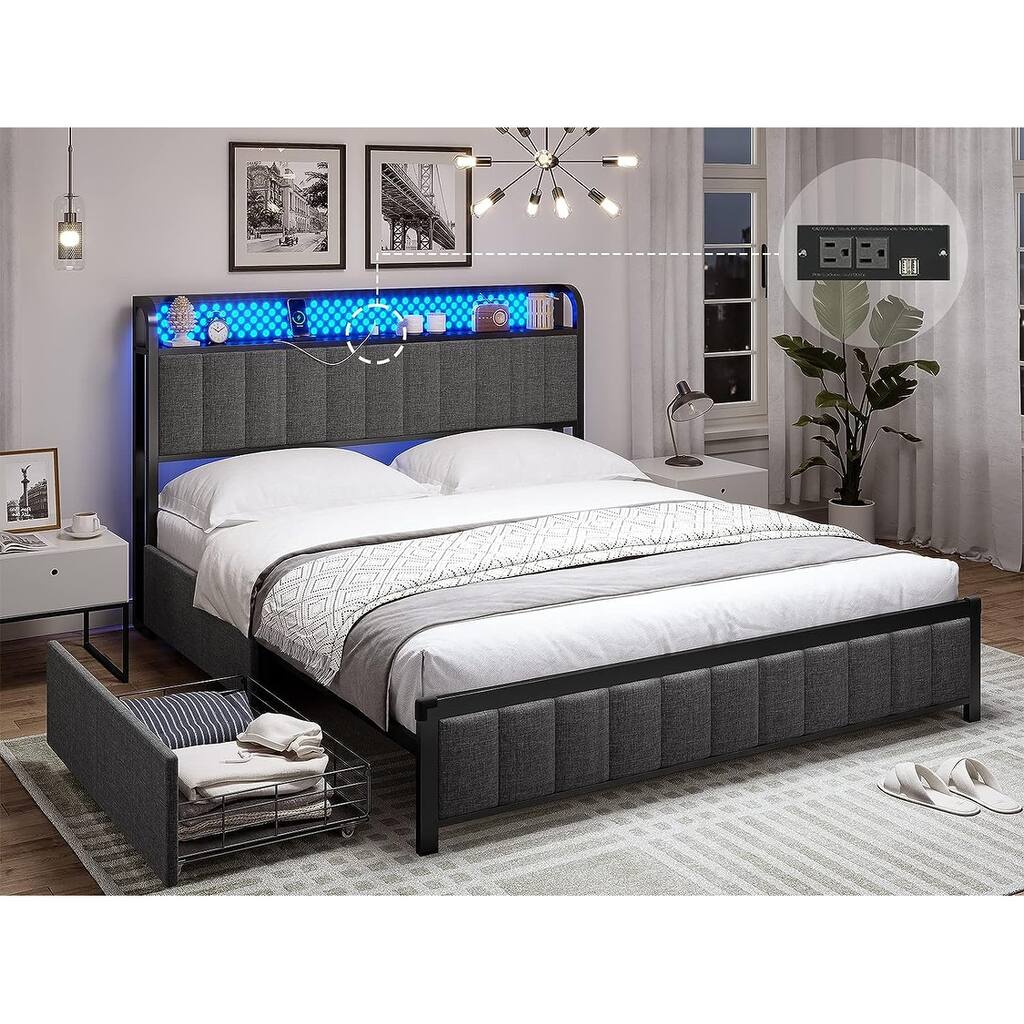 Queen Bed Frame with LED Lights Headboard & 4 Storage Drawers