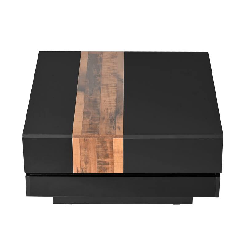 Roomfitters Modern Square Coffee Table with Sliding Top, High Gloss Center Table with Hidden Storage for Living Room, Black