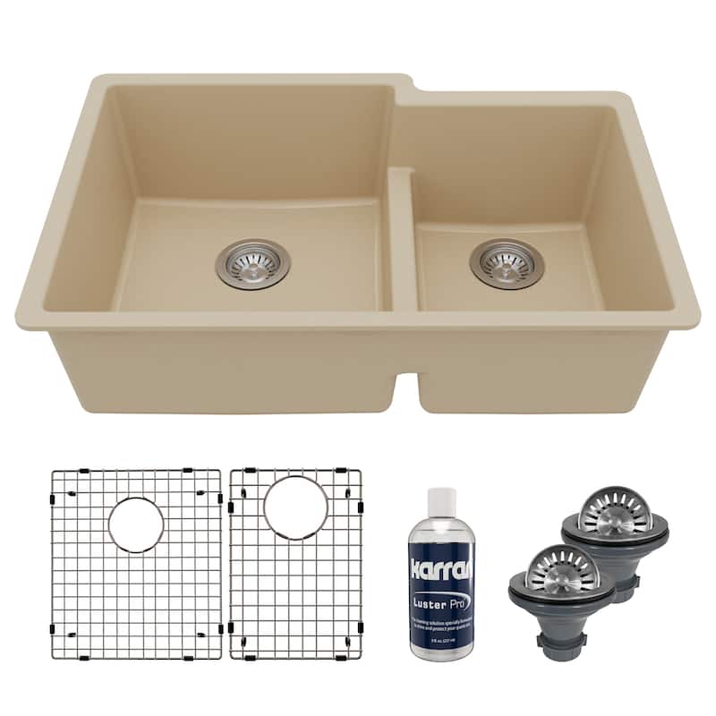 Karran 32" Undermount Large/Small Bowl Quartz Kitchen Sink Kit - 32" x 21.25" x 9" - Bisque