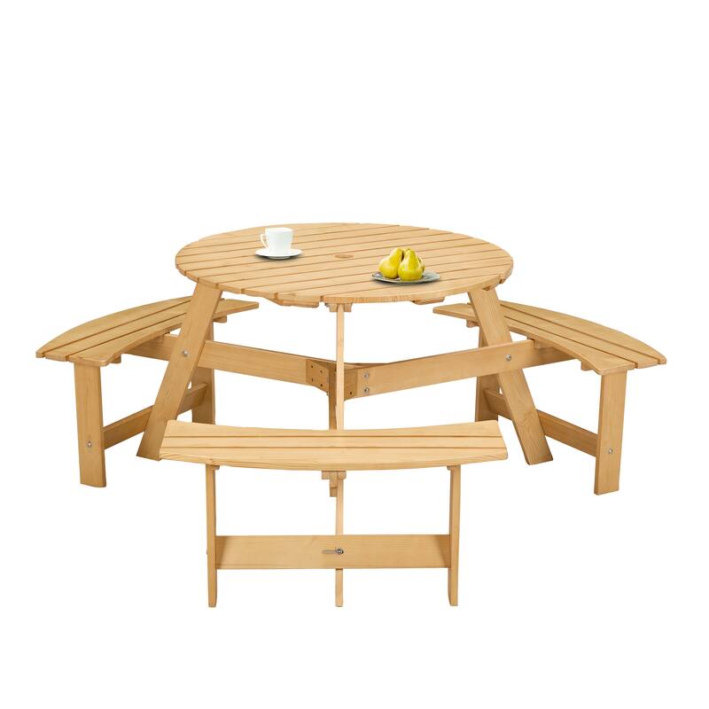 6-Person Outdoor Patio Wooden Round Picnic Table with 3 Built-in Benches and Umbrella Hole