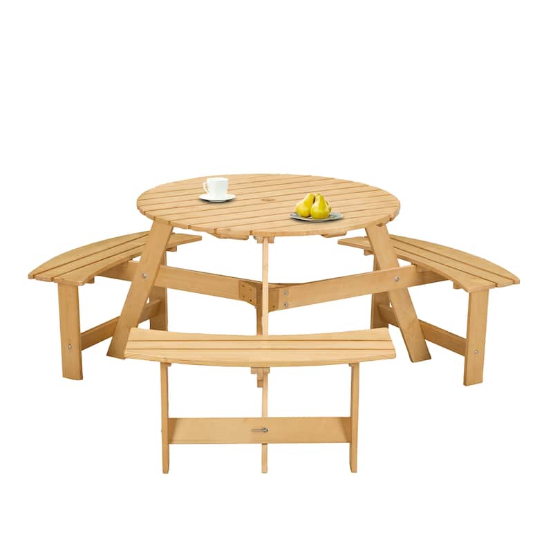 Outdoor 6 Person Picnic Table,6 person Round Picnic Table with 3 Built-in Benches,Umbrella Hole,Outside Table and Bench Set