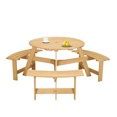 Outdoor Wood Picnic Table and Bench Set, 6 Person Round Dining Table with 3 Built In Benches and Umbrella Hole