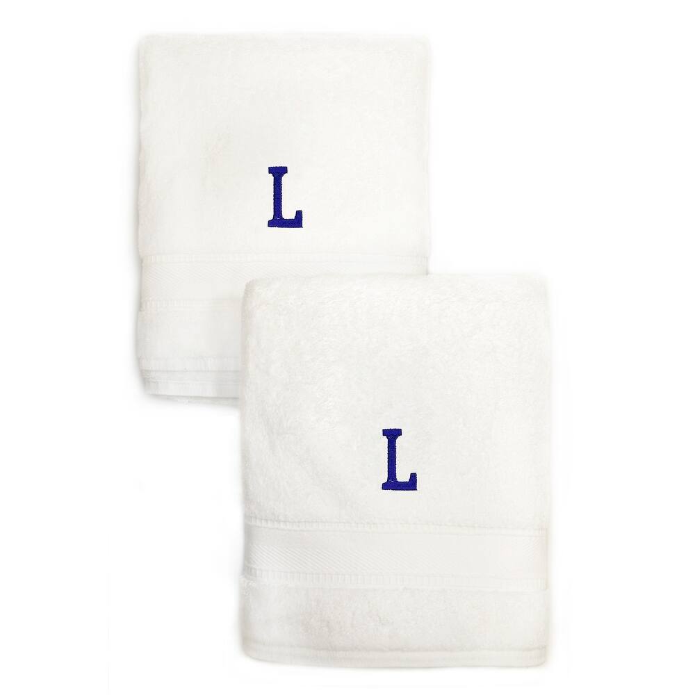 Sweet Kids 2-piece White Turkish Cotton Hand Towels with Royal Blue Monogrammed Initial