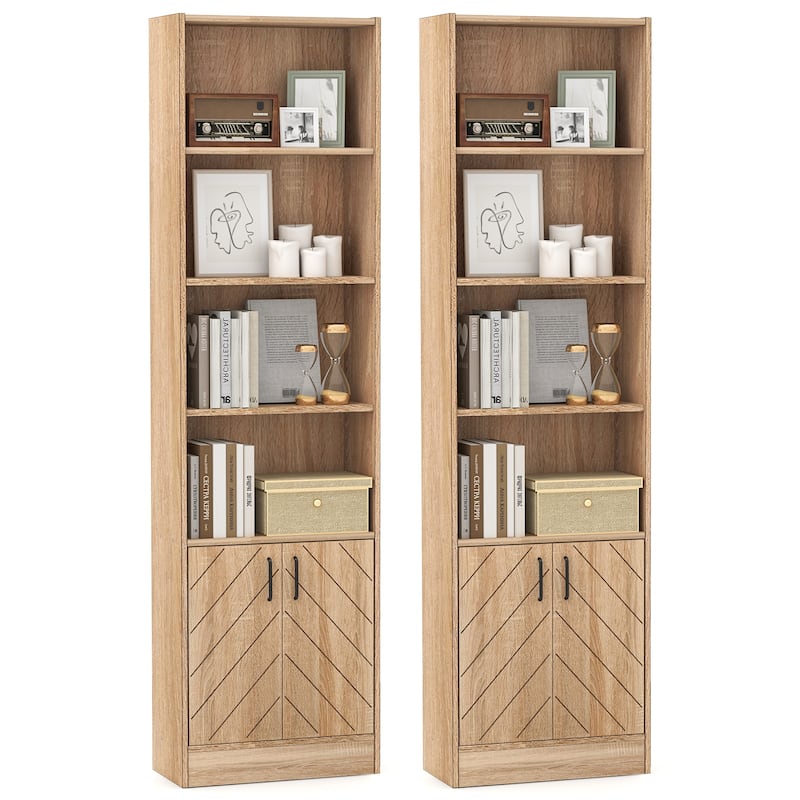 Gymax 2 PCS 71'' Bookshelf w/2-Door Cabinet 6-Tier Bookcase Tall - Oak