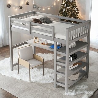 Industrial Modern Twin Size Loft Bed with Storage Shelves and Under-bed Desk, Sturdy Construction & Safety Guaranteed, Grey
