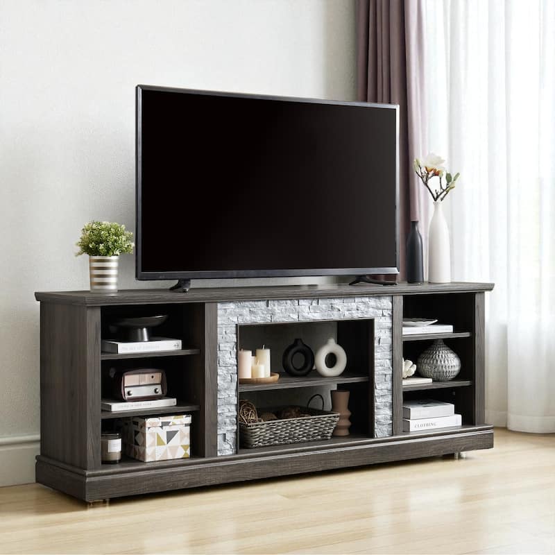 70" TV Stand with Faux Stacked Stone Surround, Modern Entertainment Console with Large Storage Cabinets