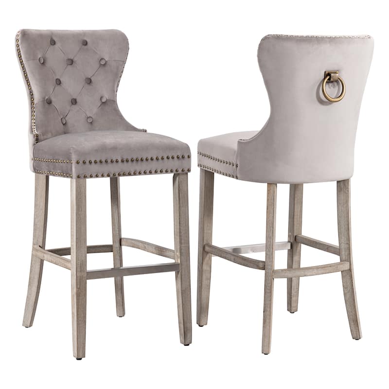 Carter 29" Wingback Tufted Nailhead Bar Stool (Set of 2), Antique Grey Legs