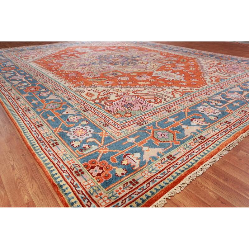 Hand Knotted Oriental 100% Wool Carpet Traditional Medallion Oranges & Rust Heriz (serapi) Area Rug - 14' 9'' X 11' 10''