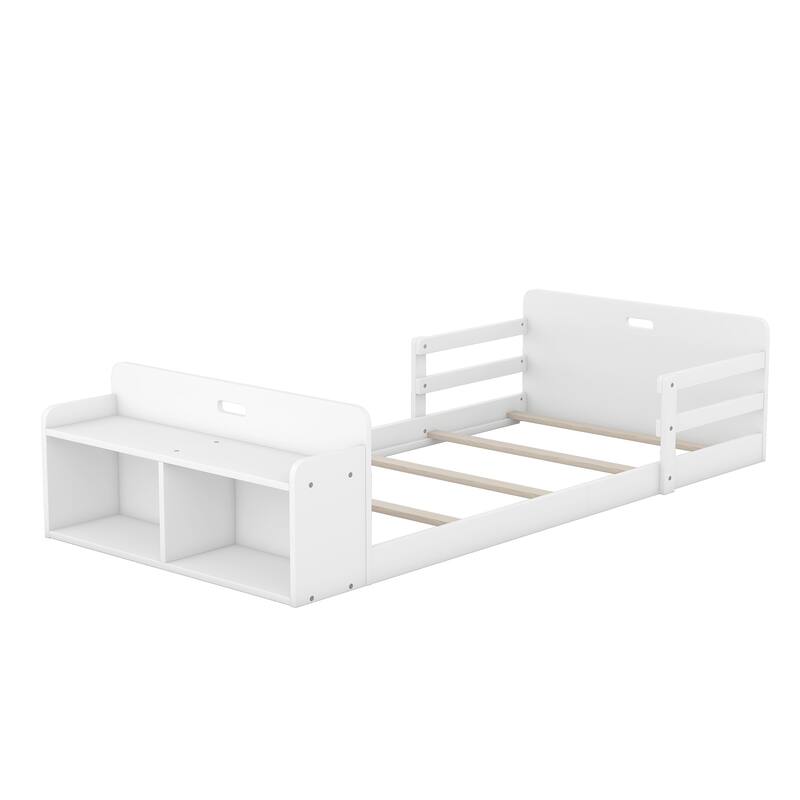 Twin Size Floor Bed with Storage Footboard and Guardrail