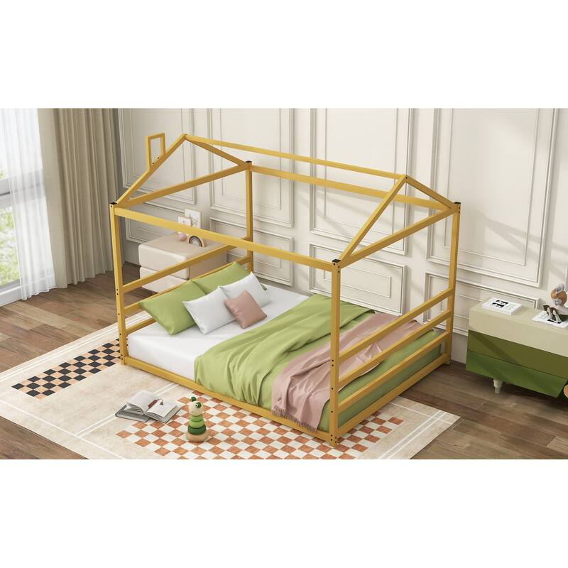 Sleek Metal Queen Platform Bed with House Shape Design, No Box Spring Needed