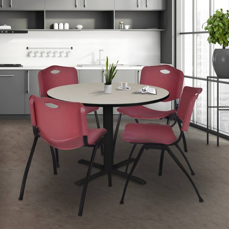 48" Round Breakroom Table- Maple & 4 'M' Stack Chairs- Burgundy - 48