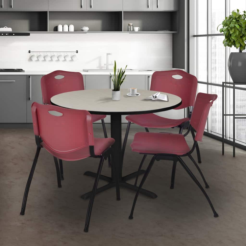 48" Round Breakroom Table- Maple & 4 'M' Stack Chairs- Burgundy - 48