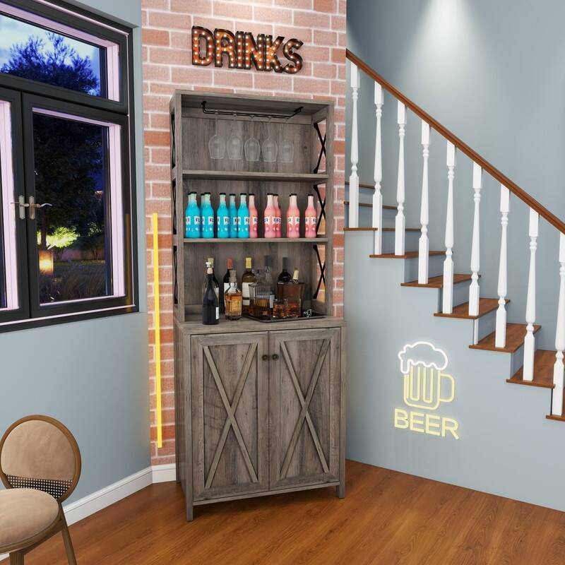 Bar Cabinet for Liquor and Glasses Dining Kitchen Cabinet with Wine Rack - Gray