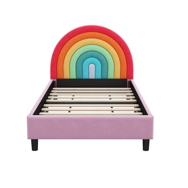 Rainbow Design Cute Style Upholstered Twin Size Platform Bed