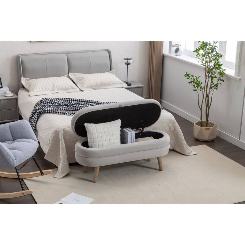 Velvet Fabric Storage Bench Bedroom Bench With Wood Legs For Living Room Bedroom - Light Gray