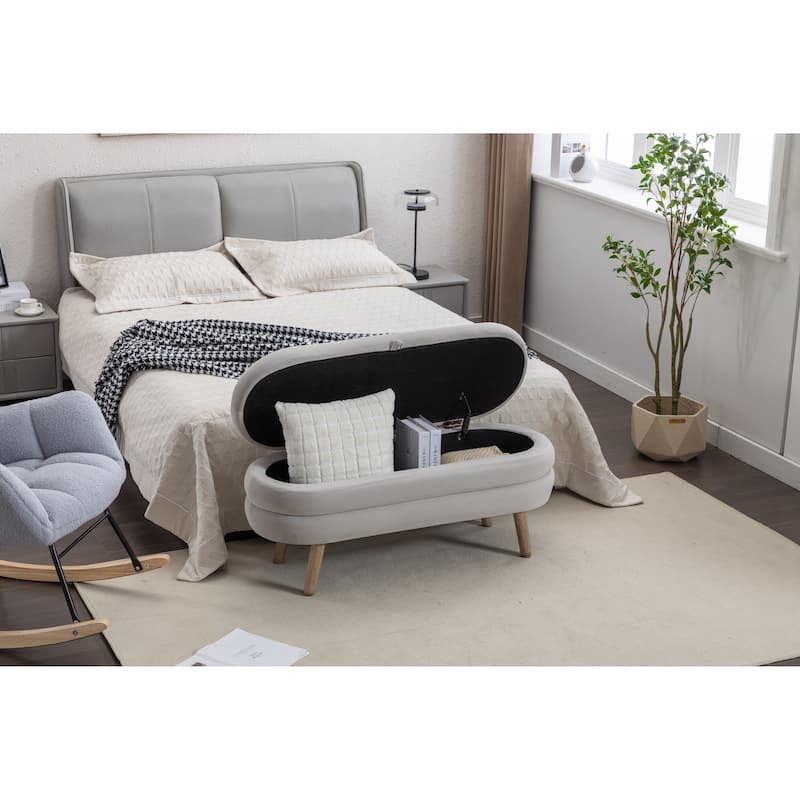 Velvet Fabric Storage Bench With Wood Legs For Living Room Bedroom