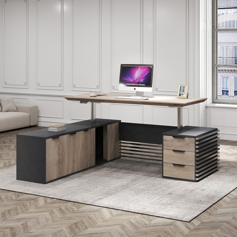 L-Shaped Executive Desk Adjustable Height with Universal Charging Ports Drawers and Cable Management