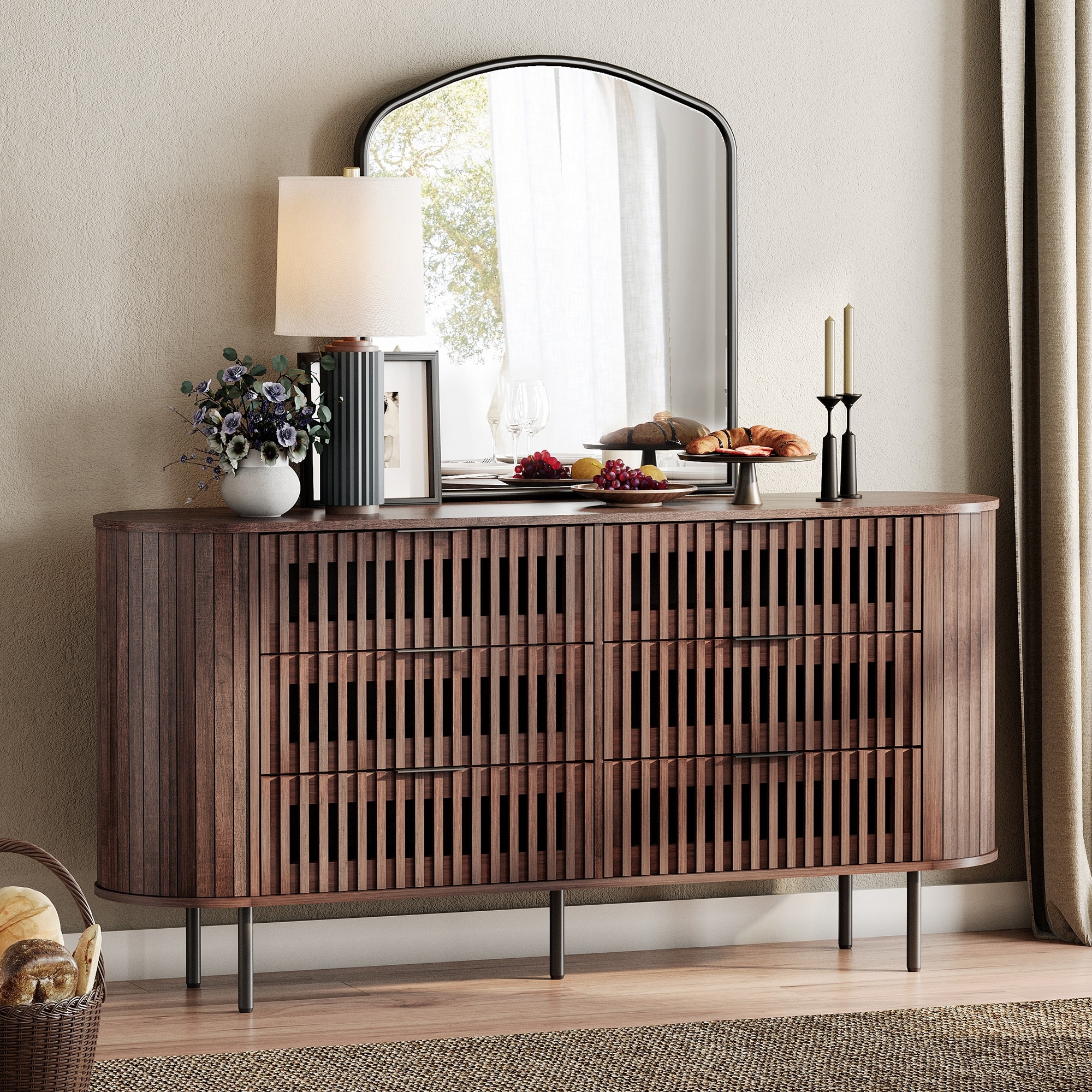 WAMPAT Fluted 6 Drawers Dresser，63" Wide Chest of Drawer