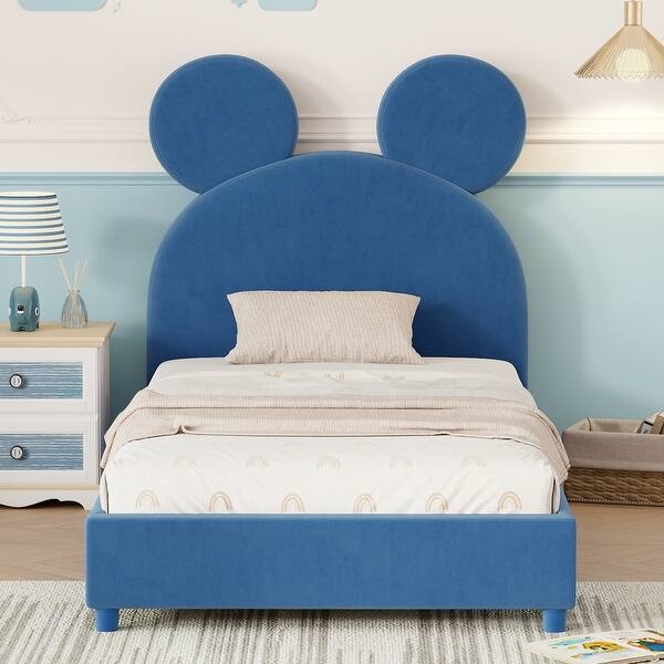 slide 2 of 32, Twin Size Lovely Animals Theme Kids Bed Velvet Upholstered Platform Bed with Animals Ear Shaped Headboard for Boys Girls Blue - Twin