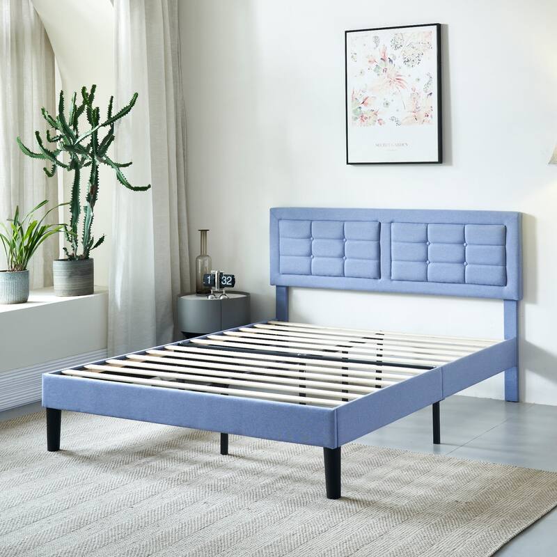 Strong Frame and Wooden Slats Support Bedframe，Platform Bed Frame with Linen Upholstered Headboard,Light Blue Bed Frames
