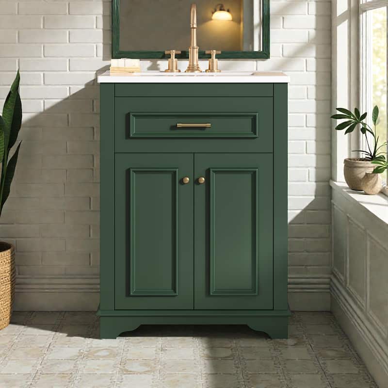24 Inch Bathroom Vanity with Integrated Ceramic Sink, Freestanding Cabinet with Tip-Out Drawer, Small Space Vanity