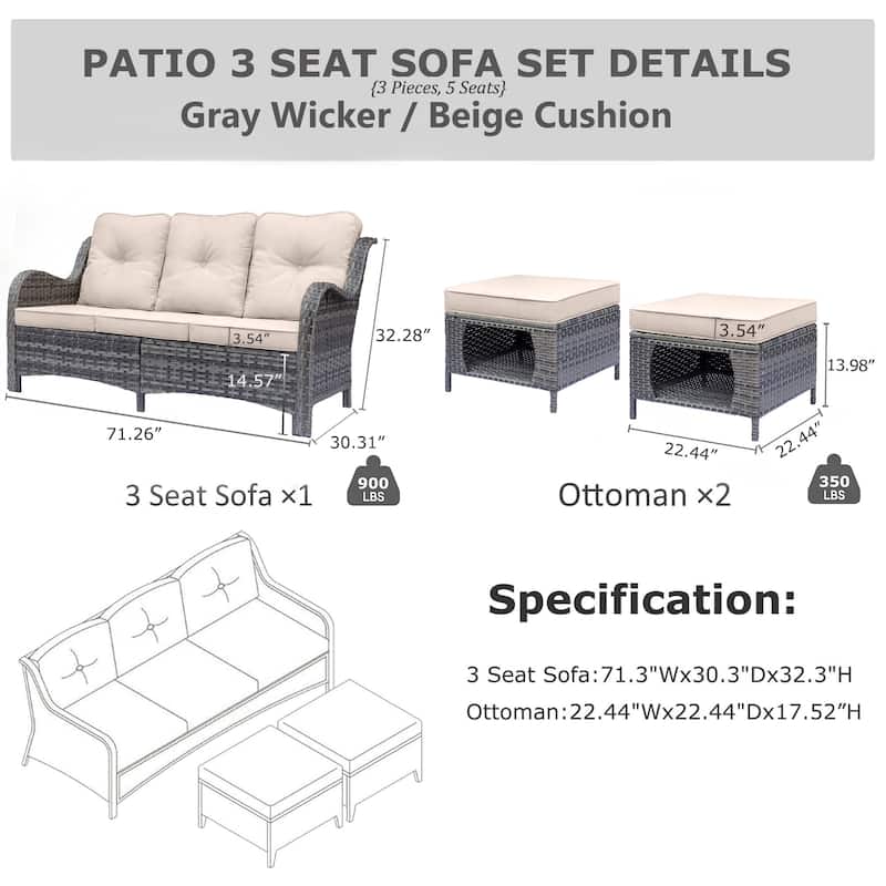 3 Piece Patio Sofa Set-Wicker Outdoor Sofa Sets with Storage Ottoman