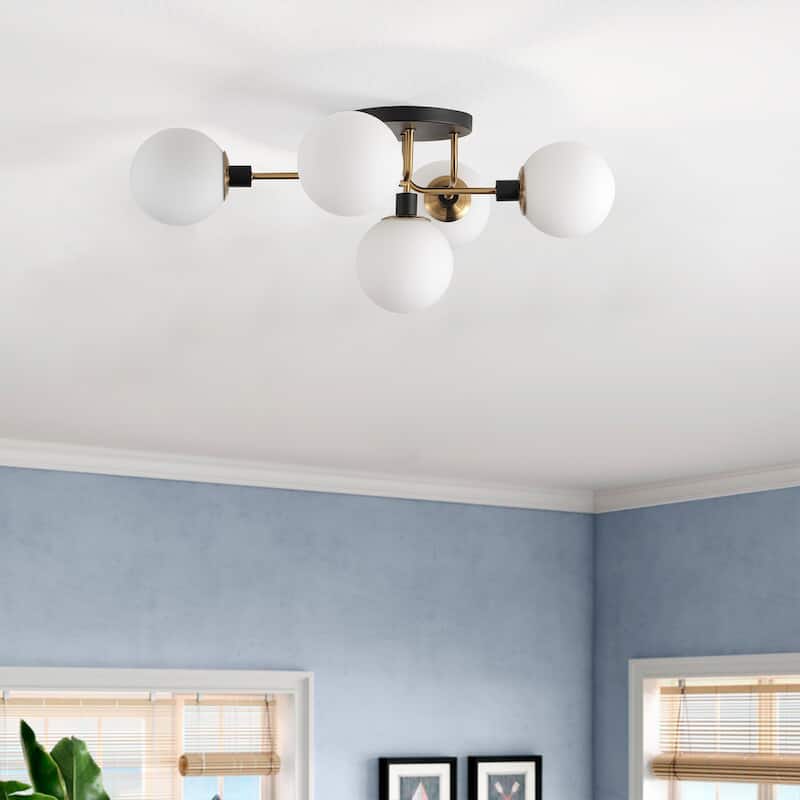 Matte Black 5-Light Semi Flush Mount Close to Ceiling Light with White Glass Shades