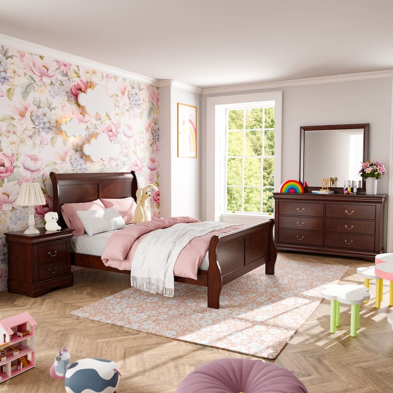 Furniture of America Mayday Traditional Solid Wood Kids 4-Piece Sleigh Bedroom Set