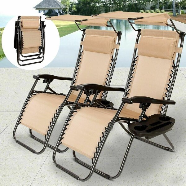 Heavy Duty Zero Gravity Folding Lounge Beach Chairs Square Frame W/Canopy+Holder 