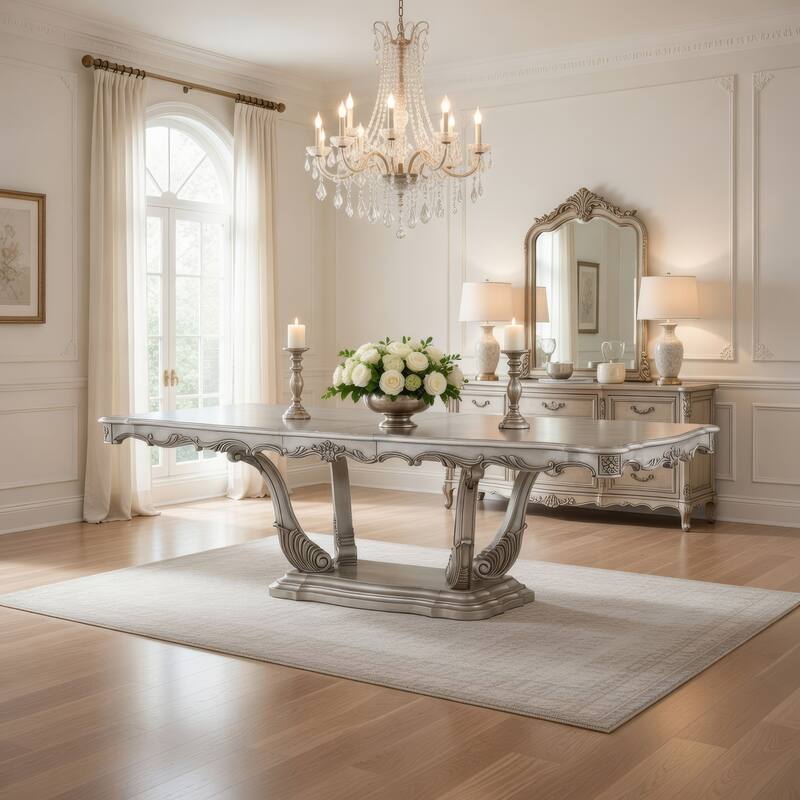 Traditional Style Dining Table with Scrolled Floral Motifs, Cream