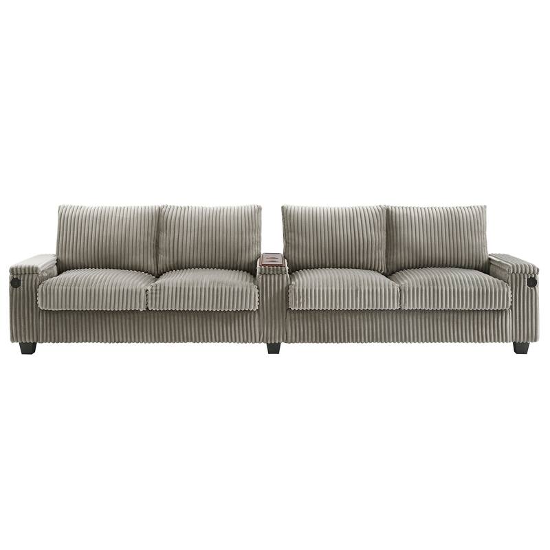 133" Corduroy 4-Seater Sofa with USB Ports, Hidden Storage Arms & Flip-Top Cup Holders