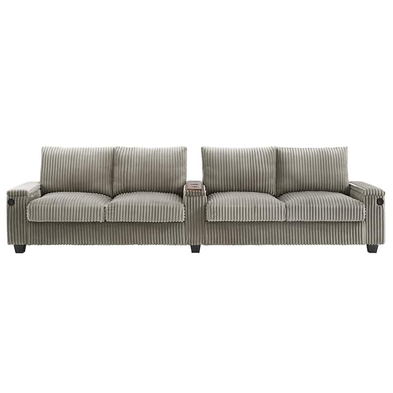 Roomfitters 4-Seater Corduroy Modern Sofa Couch with USB Ports Hidden Storage Arms & Flip-Top Cup Holders for Living Room