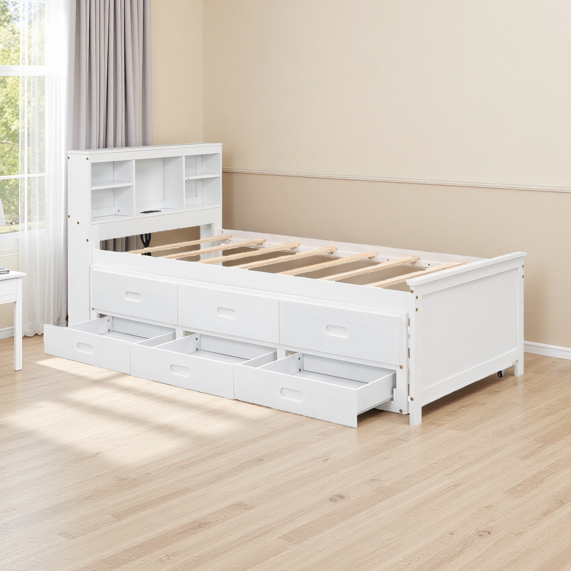Twin Size Pine Wood Platform Bed with Storage Headboard, USB Ports, Twin Size Trundle and Three Drawers