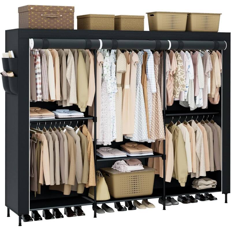 Portable wardrobe with lid, clothes organizer with shelves and 5 hanging rails, easy to assemble - Black