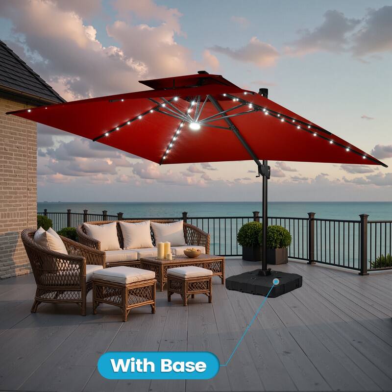 13 x 10ft Solar Powered LED Patio Cantilever Umbrella 360-degree Rotation with Weighted Base