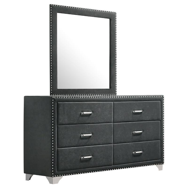Giya Wide Dresser with Rectangular Rivet Trim Mirror, Gray Velvet