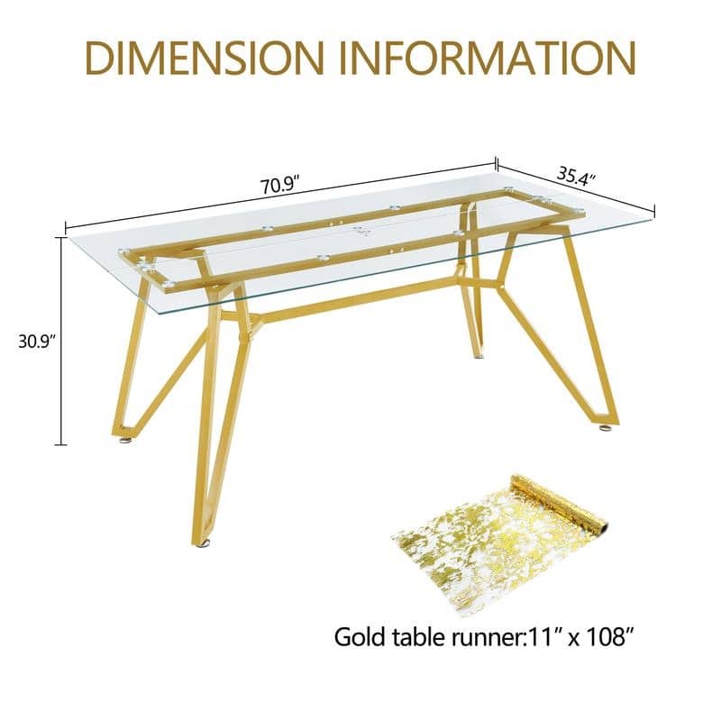 Gold Modern Tempered Glass Dining Table with Metal Legs for Kitchen, Living Room