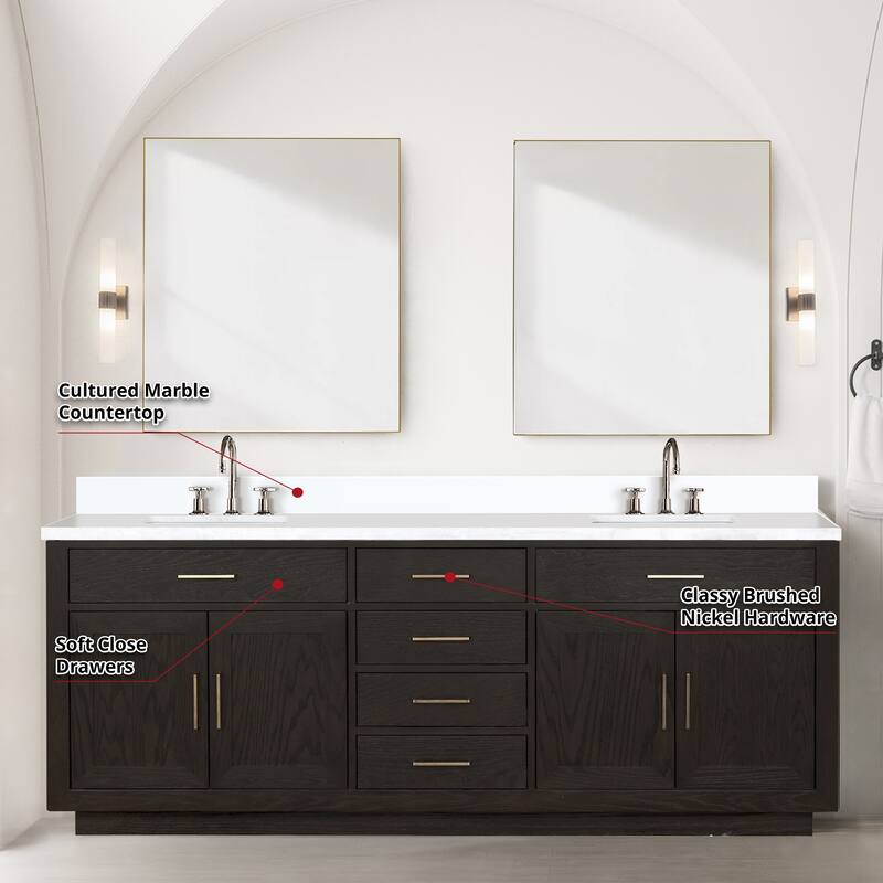 Abbey 60 in W x 22 in D Black Oak Double Bath Vanity, Cultured Marble Top, Faucet Set, and 28 in Mirrors
