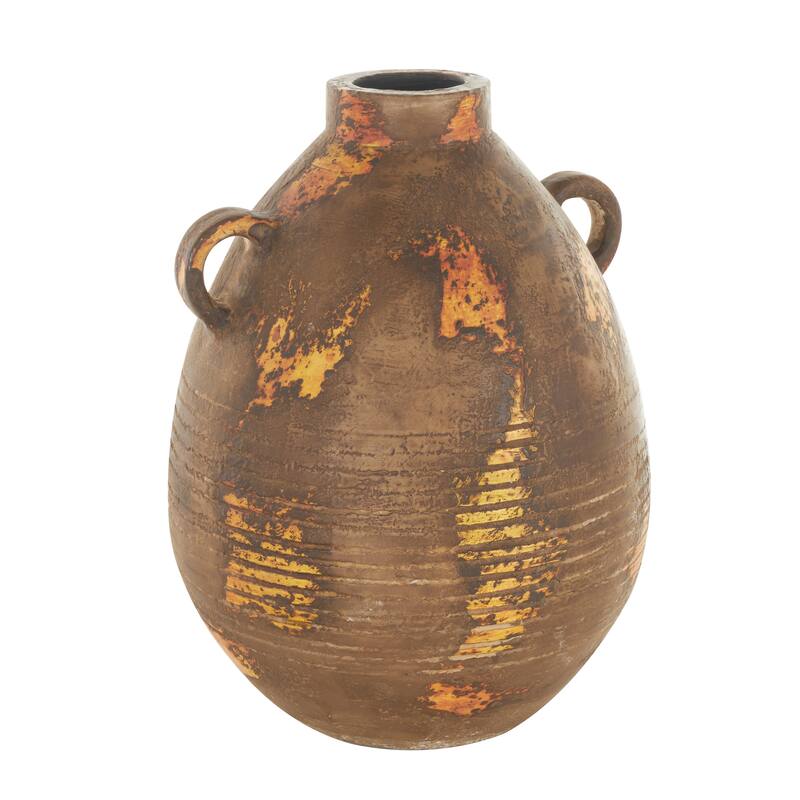 Brown Ceramic Antique Style Distressed Decorative Vase with Grooves and Handles