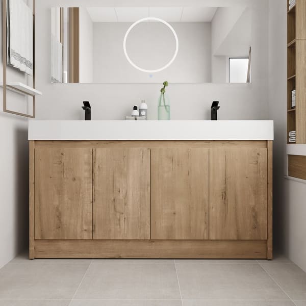 slide 2 of 63, BNK 24/30/48/60 inch Freestanding Resin Sink Bathroom Vanity with Soft Close Door and Adjustable Shelf 59.1''W×18.1''D×35''H - Imitative Oak