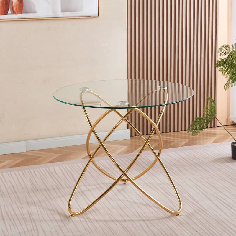 Dining Table with Tempered Glass Top & Metal Legs, Modern Round Kitchen Table for 2-4 People, Coffee Table for Small Space - Golden