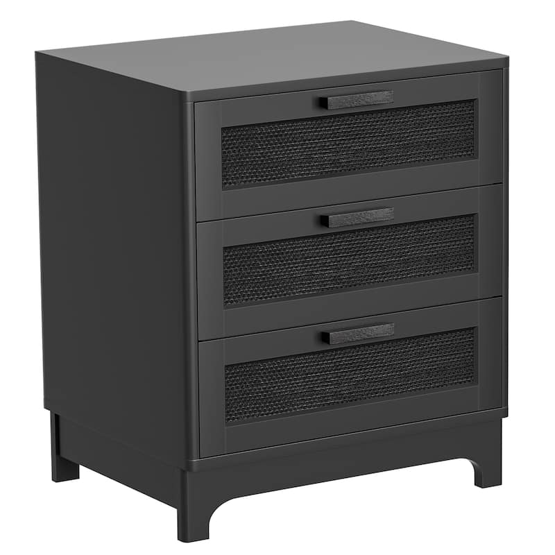 Anmytek Modern Black Wood Rattan Nightstand Bedside Table Side Table with 3 Drawers for Bedroom