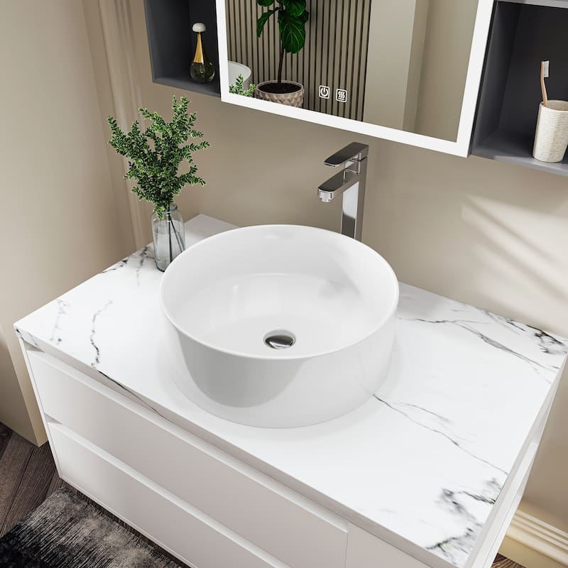 Sinber White Ceramic Countertop Bathroom Vanity Vessel Sink