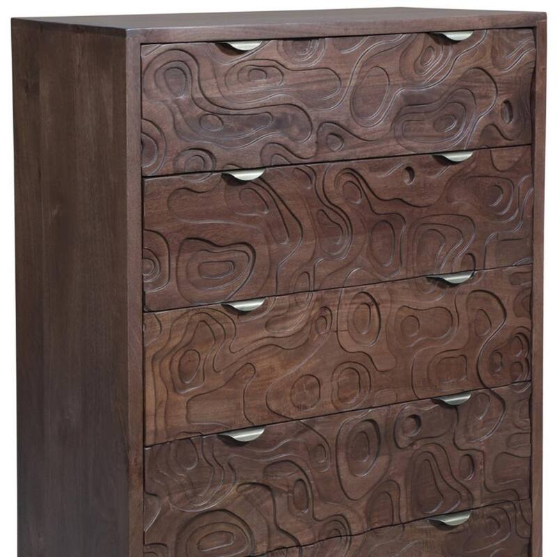 HomeRoots 35" Brown Carved Abstract Solid Wood Five Drawer Dresser
