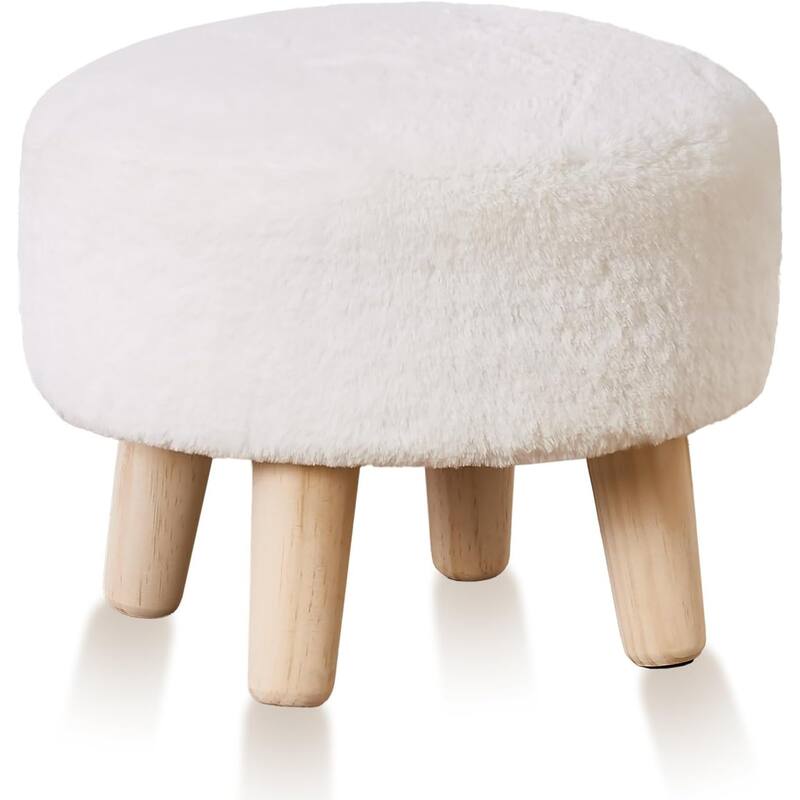 Plush Faux Fleece Round Ottoman Footstool with Wooden Legs and Cozy Seat for Living Room - White