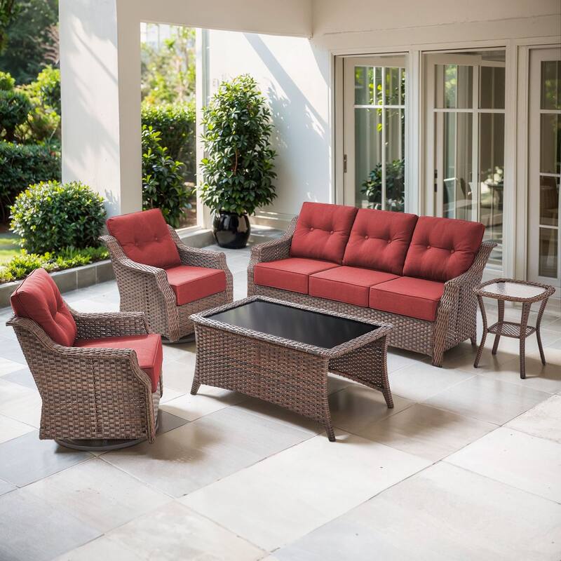 Artisan Patio Brown Wicker Sofa Conversation Set with 6-Inch Thick Cushions - Red - 5-Piece